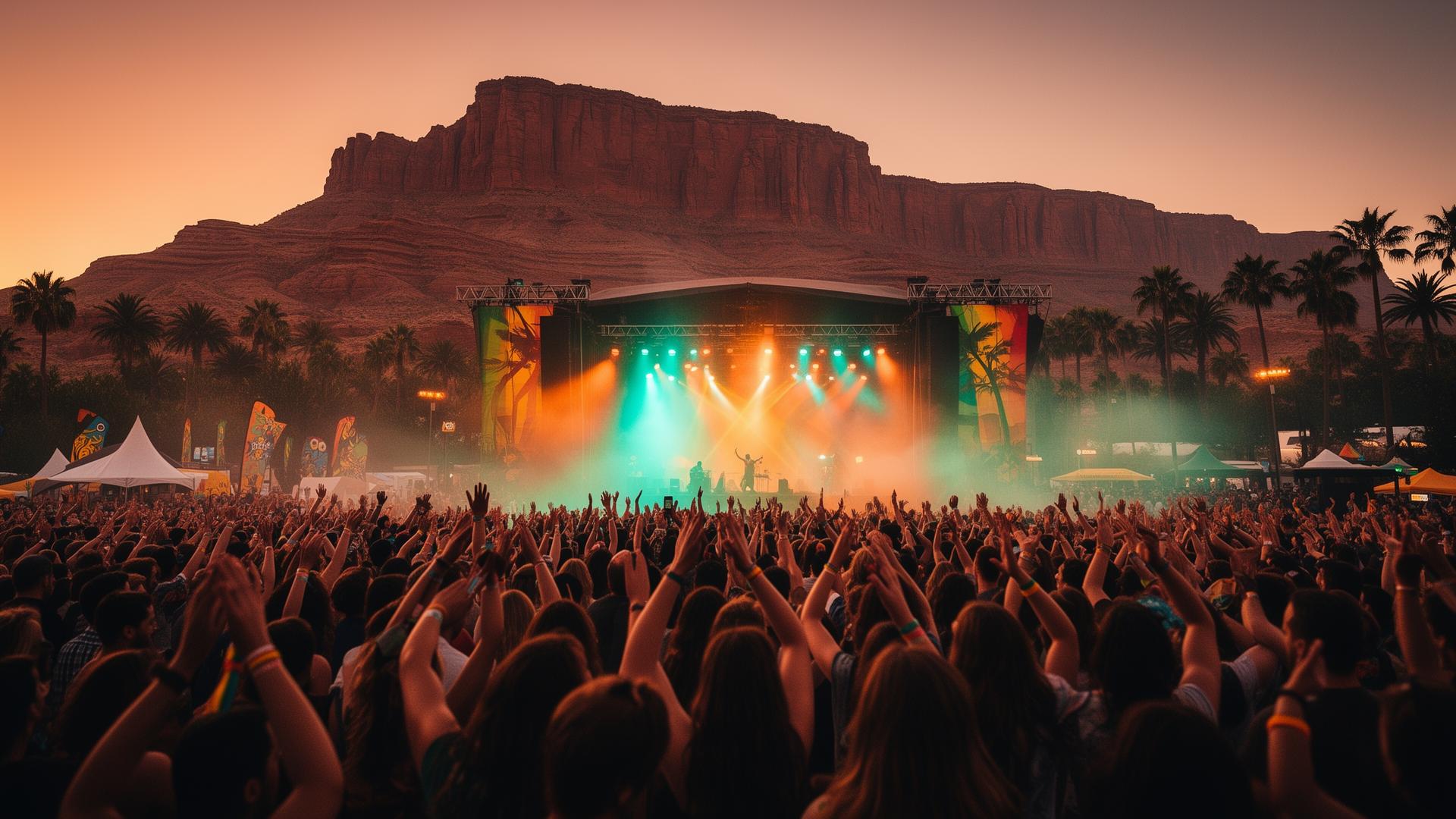 Concert crowd with Utah red rock backdrop